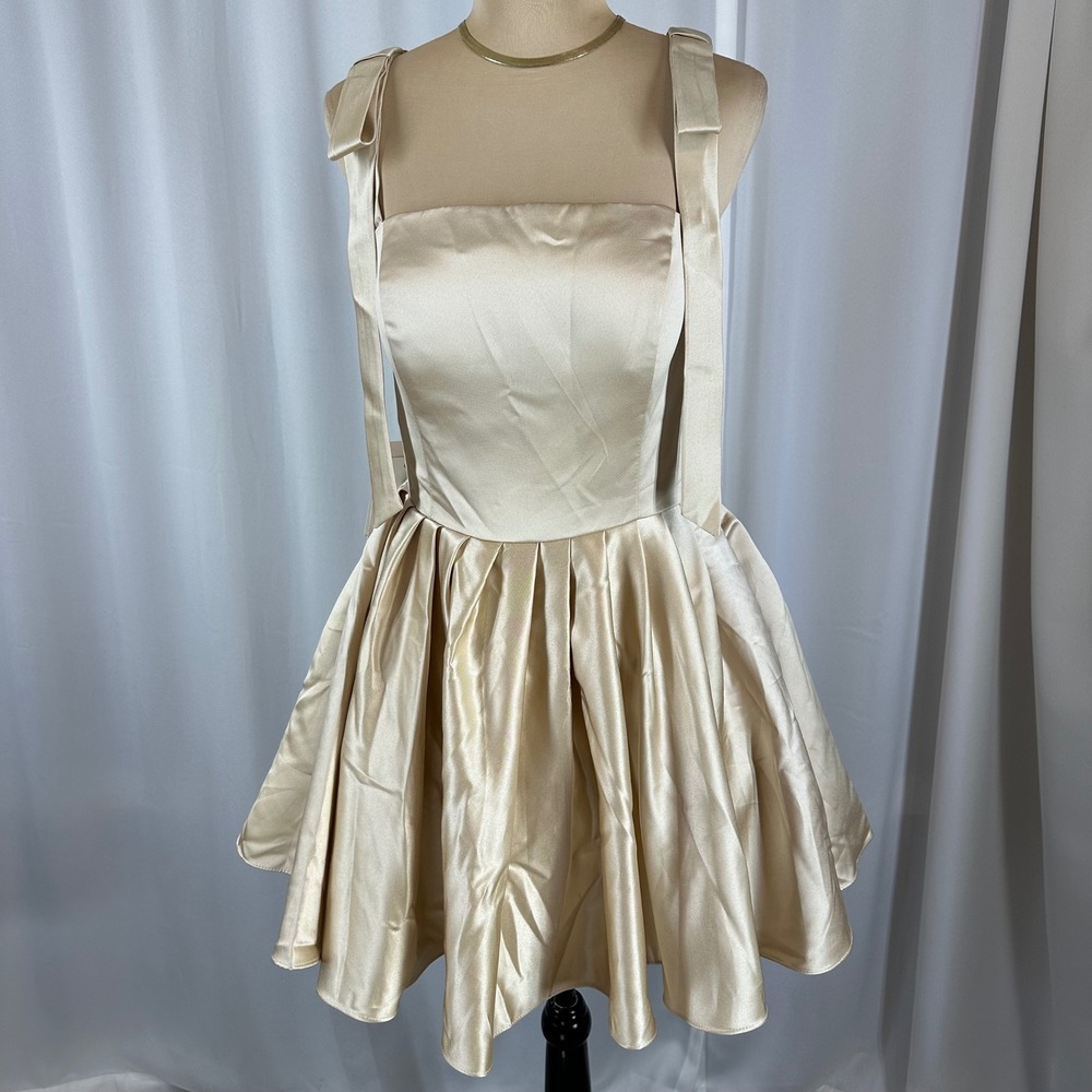 Witness of Love Champagne‎ Satin Bow Strap Lace Up Back Dress NWT Sz M READ